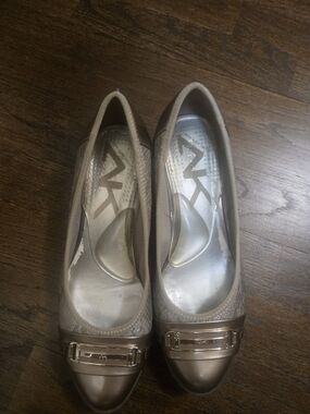 Anne Klein Metallic Taupe Cap-Toe Pumps with Buckle